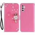 Samsung Galaxy A55 Bufniță Owl Rhinestone portofel caz - Roz Intens