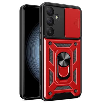 Husă Hibridă Samsung Galaxy A55 cu Inel Rotativ cu Ecran pentru Cameră - Roșu