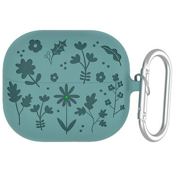 Samsung Galaxy Buds3/Buds3 Pro Carcasă din silicon lichid cu model floral și carabină - verde închis