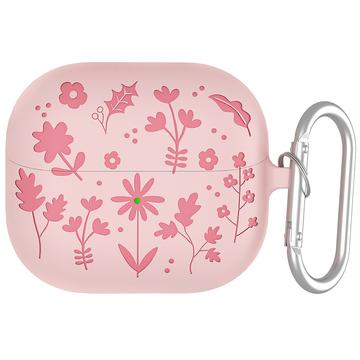 Samsung Galaxy Buds3/Buds3 Pro Carcasă din silicon lichid cu model floral și carabină - roz deschis