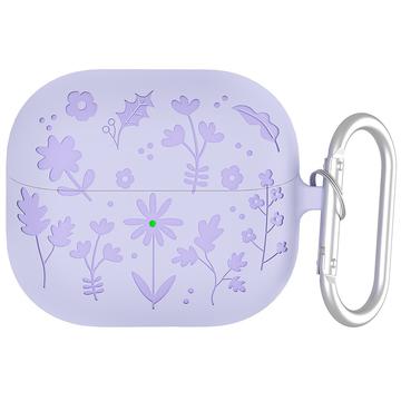Samsung Galaxy Buds3/Buds3 Pro Carcasă din silicon lichid cu model floral și carabină - Violet deschis