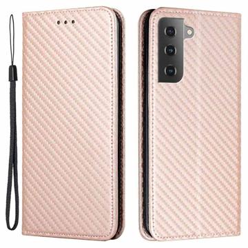 Husă Portofel Samsung Galaxy S23 5G - Fibra De Carbon - Auriu Roze