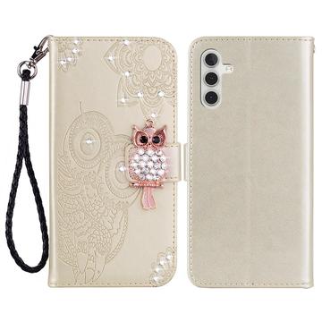 Samsung Galaxy S24 FE Husa portofel cu strasuri bufniță - Auriu
