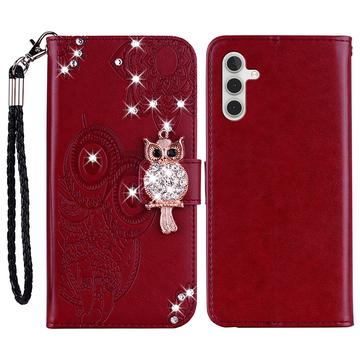Samsung Galaxy S24 FE Husa portofel cu strasuri bufniță - Roșu