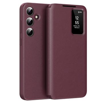 Husă Flip cu slot pentru card Samsung Galaxy S24 FE Smart Clear View - Roșu vin