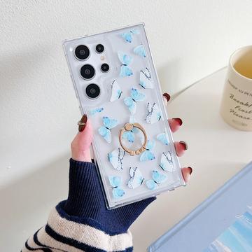 Samsung Galaxy S24 Ultra Husă Butterfly TPU cu suport pentru inel - albastru deschis