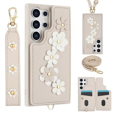 Samsung Galaxy S24 Ultra Husă cu decor flori cu curea - Bej