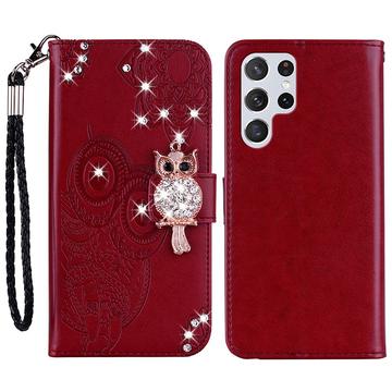 Samsung Galaxy S24 Ultra Husa portofel cu strasuri bufniță - Roșu