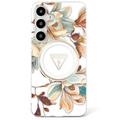 Husă MagSafe Samsung Galaxy S25 Guess Glitter Flowers Triangle Buttons - Alb