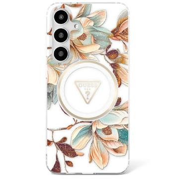 Husă MagSafe Samsung Galaxy S25 Guess Glitter Flowers Triangle Buttons - Alb