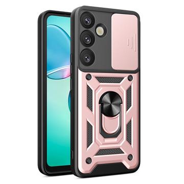 Husă Hibridă Samsung Galaxy S25 cu Inel Rotativ cu Ecran pentru Cameră - Auriu Roze