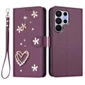 Husă tip portofel Samsung Galaxy S26 Ultra cu inimioare și flori - Violet închis