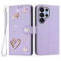 Husă tip portofel Samsung Galaxy S26 Ultra cu inimioare și flori - Violet deschis