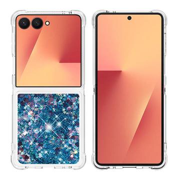 Husă TPU Samsung Galaxy Z Flip7 Glitter Quicksand - Inimi albastre