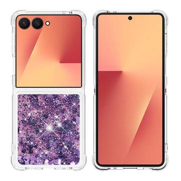 Husă TPU Samsung Galaxy Z Flip7 Glitter Quicksand - Inimi Purpurii
