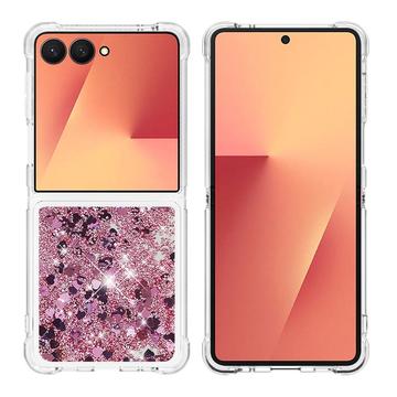 Husă TPU Samsung Galaxy Z Flip7 Glitter Quicksand - Inimioare din aur roz