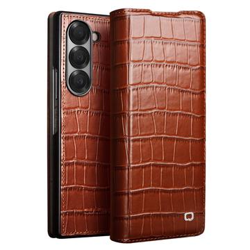 Husă din piele Flip Samsung Galaxy Z Fold6 - Qialino Classic - Crocodil - Maro Închis