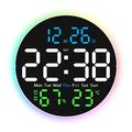 Ceas de perete cu LED silențios cu afișaj digital și lumină ambientală - negru