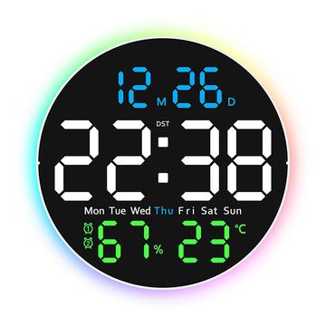 Ceas de perete cu LED silențios cu afișaj digital și lumină ambientală - negru