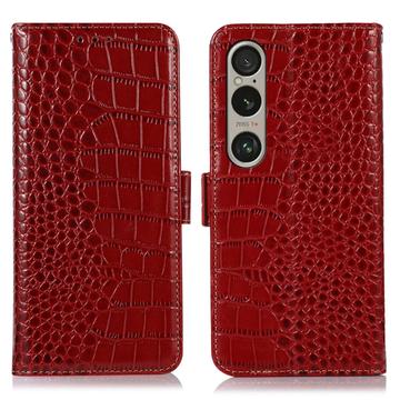 Husă Piele Portofel cu RFID Sony Xperia 1 VI - Crocodile - Roșu