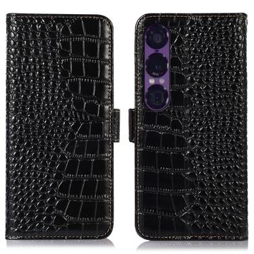 Husă Piele Portofel cu RFID Sony Xperia 1 VII - Crocodile - Negru