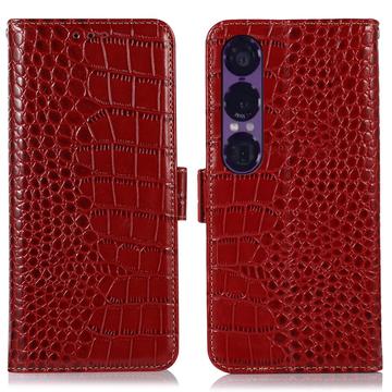 Husă Piele Portofel cu RFID Sony Xperia 1 VII - Crocodile - Roșu