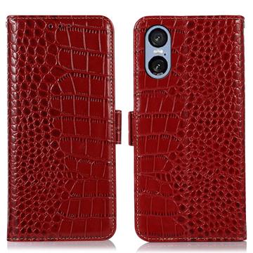 Husă Piele Portofel cu RFID Sony Xperia 5 VI - Crocodile - Roșu