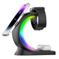 T17 3-in-1 RGB Light Magnetic Wireless Charger pentru iPhone 12 / 13 / 14 / 15 / 16 Series Stand de încărcare rapidă de birou compatibil cu MagSafe - Negru
