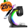 T17 3-in-1 RGB Light Magnetic Wireless Charger pentru iPhone 12 / 13 / 14 / 15 / 16 Series Stand de încărcare rapidă de birou compatibil cu MagSafe - Negru