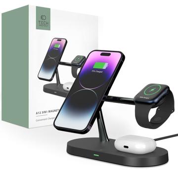 Tech-Protect A12 3-in-1 MagSafe Wireless Charger 15W cu lampă LED încorporată - Negru