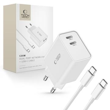 Tech-Protect C35W Încărcător de perete USB-C cu două porturi și cablu USB-C - alb