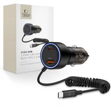 Încărcător auto Tech-Protect CC05 60W cu cablu USB-C - negru