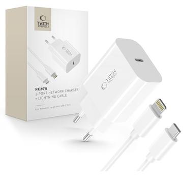 Încărcător de perete Tech-Protect NC20W cu cablu Lightning - alb