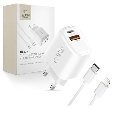 Tech-Protect NCA20 Încărcător Dual-Port PD 20W/QC3.0 cu cablu Lightning - alb