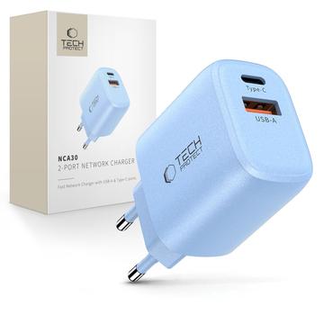 Încărcător cu două porturi Tech-Protect NCA30 - 30W USB-C PD și 18W USB-A QC3.0 - Albastru Deschis