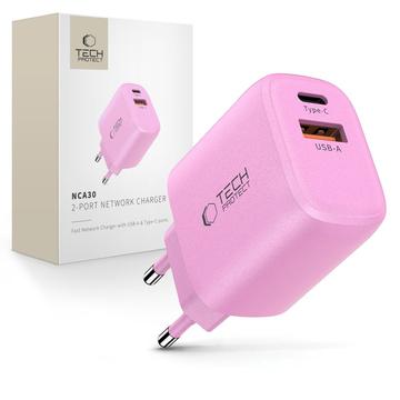 Încărcător cu două porturi Tech-Protect NCA30 - 30W USB-C PD și 18W USB-A QC3.0 - roz bebeluș