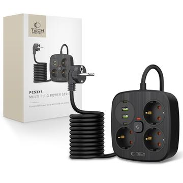 Prelungitor de priză Tech-Protect PCS3X4 - 3 prize de curent alternativ, 2 porturi USB-A și 2 porturi USB-C, cablu de 2m