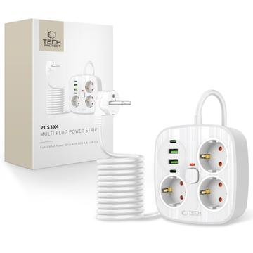 Prelungitor de priză Tech-Protect PCS3X4 - 3 prize de curent alternativ, 2 porturi USB-A și 2 porturi USB-C, cablu de 2m - alb