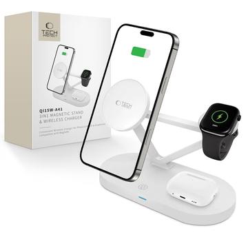 Tech-Protect QI15W-A41 Încărcător wireless MagSafe 3 în 1 - 15W/3W/2.5W - Alb