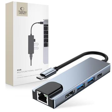 Tech-Protect V3 5-in-1 USB-C Hub - HDMI, Gigabit-LAN, USB 3.0/2.0, 100W USB-C - Gri