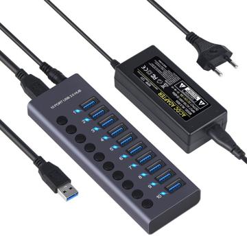 Hub USB 3.0 cu 10 porturi cu comutatoare de alimentare individuale - gri