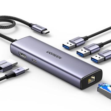 Ugreen CM512 7-în-1 USB-C Hub - 3x USB-A, 1x USB-C, 1x HDMI, 1x RJ45 - Gri