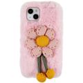 Husă TPU iPhone 14 Plus - 3D Plush Iarnă cu Blană - Floare Roz