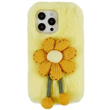 Husă TPU iPhone 14 Pro Max - 3D Plush Iarnă cu Blană - Floare Galben