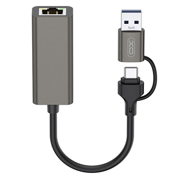 XO HUB018 2-in-1 USB-C / USB-A la adaptor Ethernet - RJ45, 100Mbps - Gri