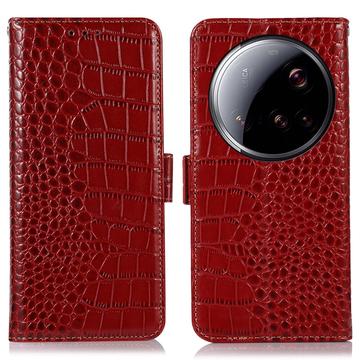 Husă Piele Portofel cu RFID Xiaomi 15 Ultra - Crocodile - Roșu