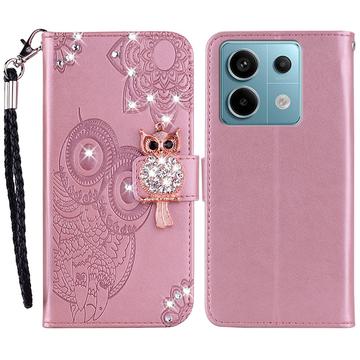 Xiaomi Redmi Note 13 Bufniță Rhinestone portofel caz - Auriu Roze