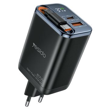 Încărcător rapid Yesido YC100 67W cu cablu USB-C retractabil - negru
