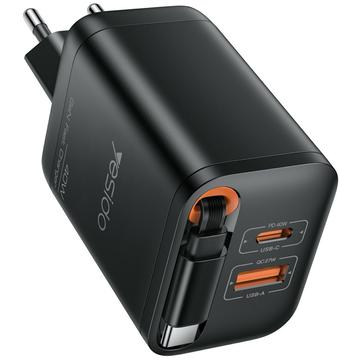 Încărcător rapid Yesido YC99 40W cu cablu USB-C retractabil - negru