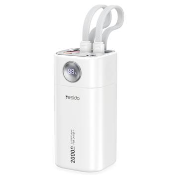 Yesido YP86 20000mAh Power Bank cu cabluri USB-C și Lightning încorporate - 22.5W - Alb